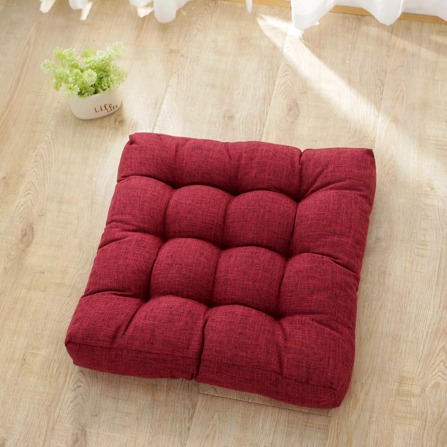 18x18x4 Inch Tufted Seat Cushion Cotton Linen Seat Cushions Non-Slip Chair Pad for Dining Room Kitchen Office Chairs (Wine Red,18"x18")