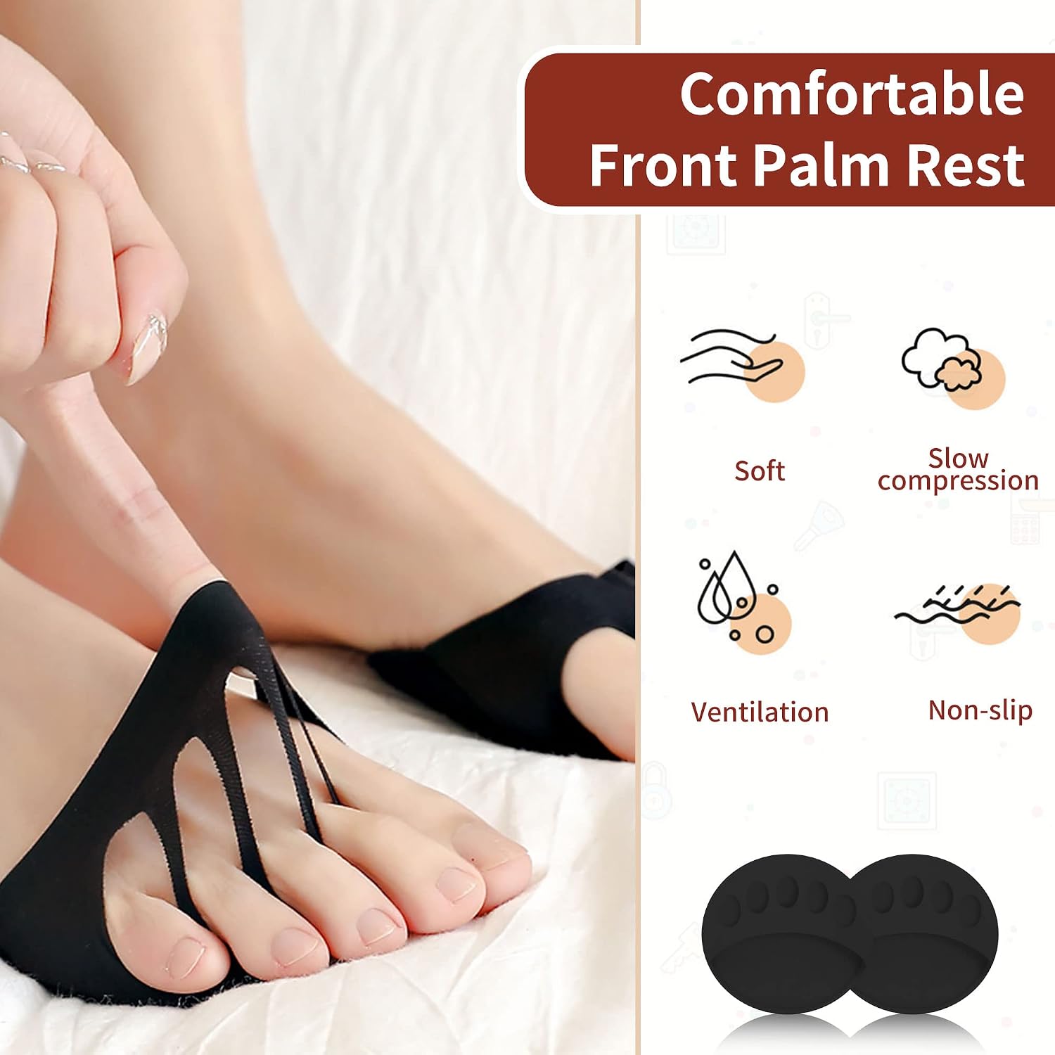 Invisible Breathable Honeycomb Fabric Ball of Foot Pads, Thickened Soft Metatarsal Cushions Socks for Flats High Heels, Prevention Pain Relief Reusable (5 Pairs Black)
