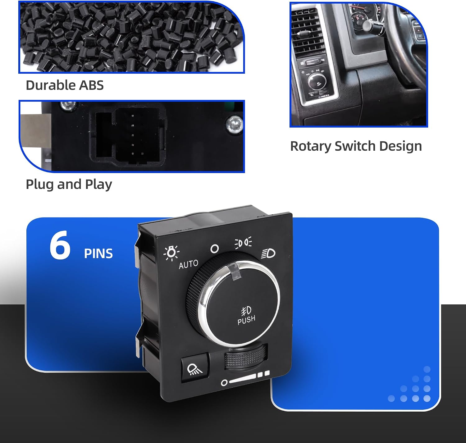 Headlight Switch 68146507AA with Auto Headlight and Fog Light Compatible with Dodge Ram 1500 2500 3500 2013-2018, Ram 1500 Classic Replaces OE 68269912AA 68189154AA Headlamp Dimmer Switch