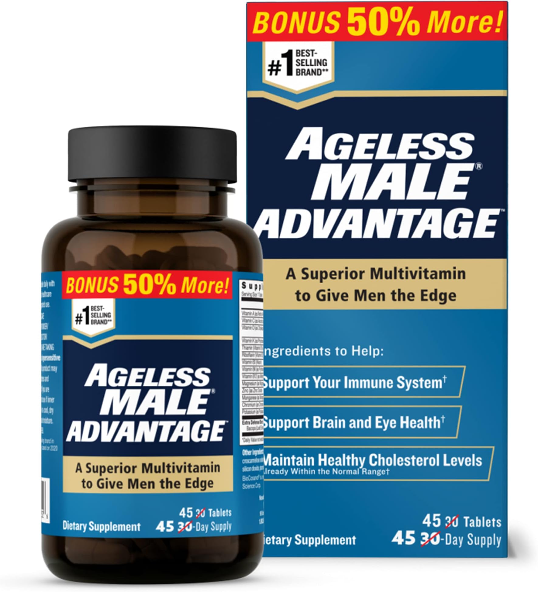 Advantage Premium Once a Day Multivitamin for Men 50 Plus, Plus Brain and Cholesterol Care, Vitamins A C D K B1 B2 B3 B6 B12 Zinc & Extra Defense Blend - 45 Tablets