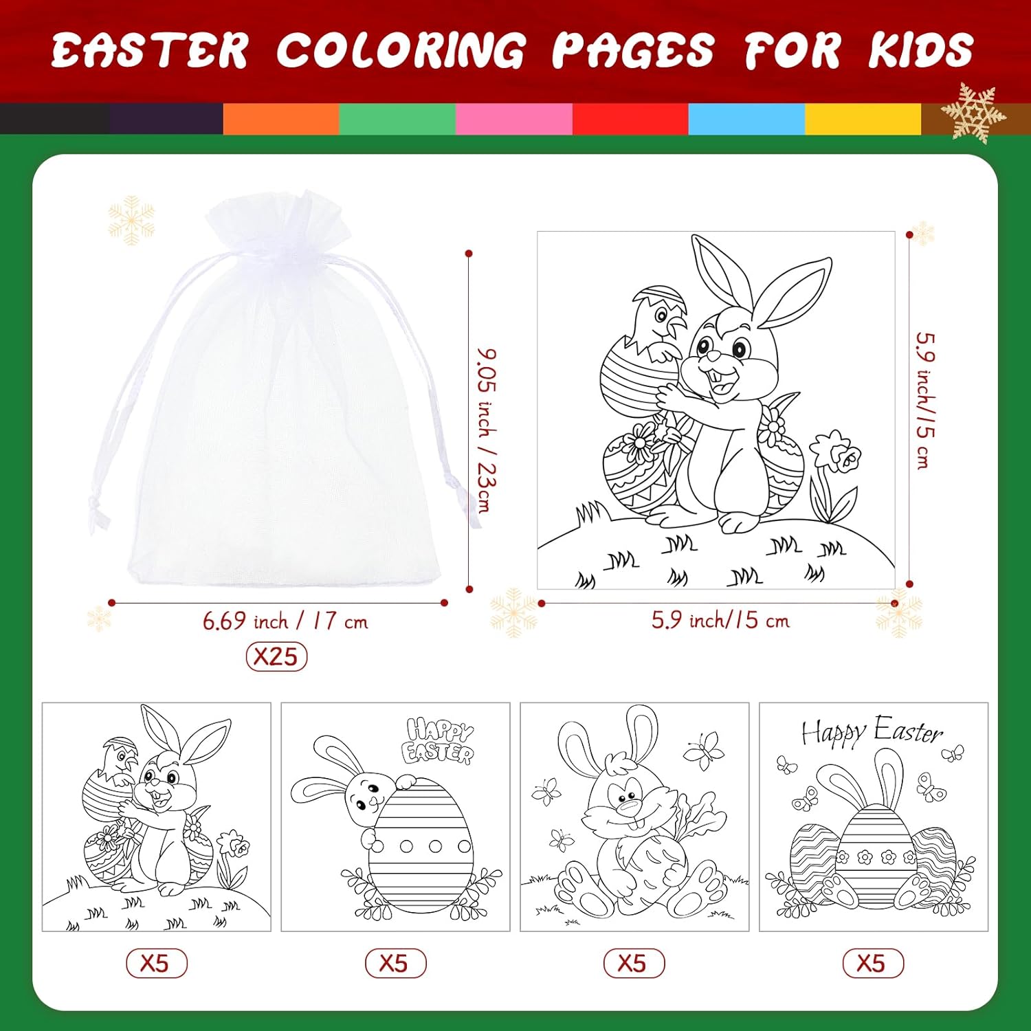 Spakon 20 Sets Easter Activity 20 Pcs Easter Coloring Page with 20 Pack Coloring Pencils and Organza Bags Egg Basket Stuffer Gifts Activity DIY Party Favors