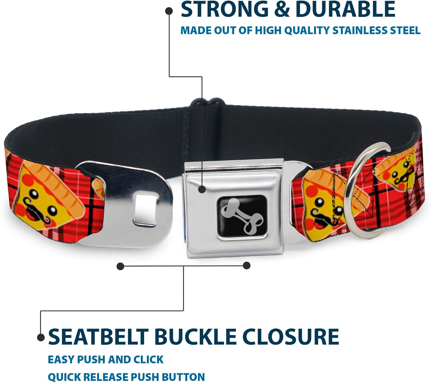 Dog Collar Seatbelt Buckle Pizza Man Plaid Red 9 to 15 Inches 1.0 Inch Wide, DC-W34237-S