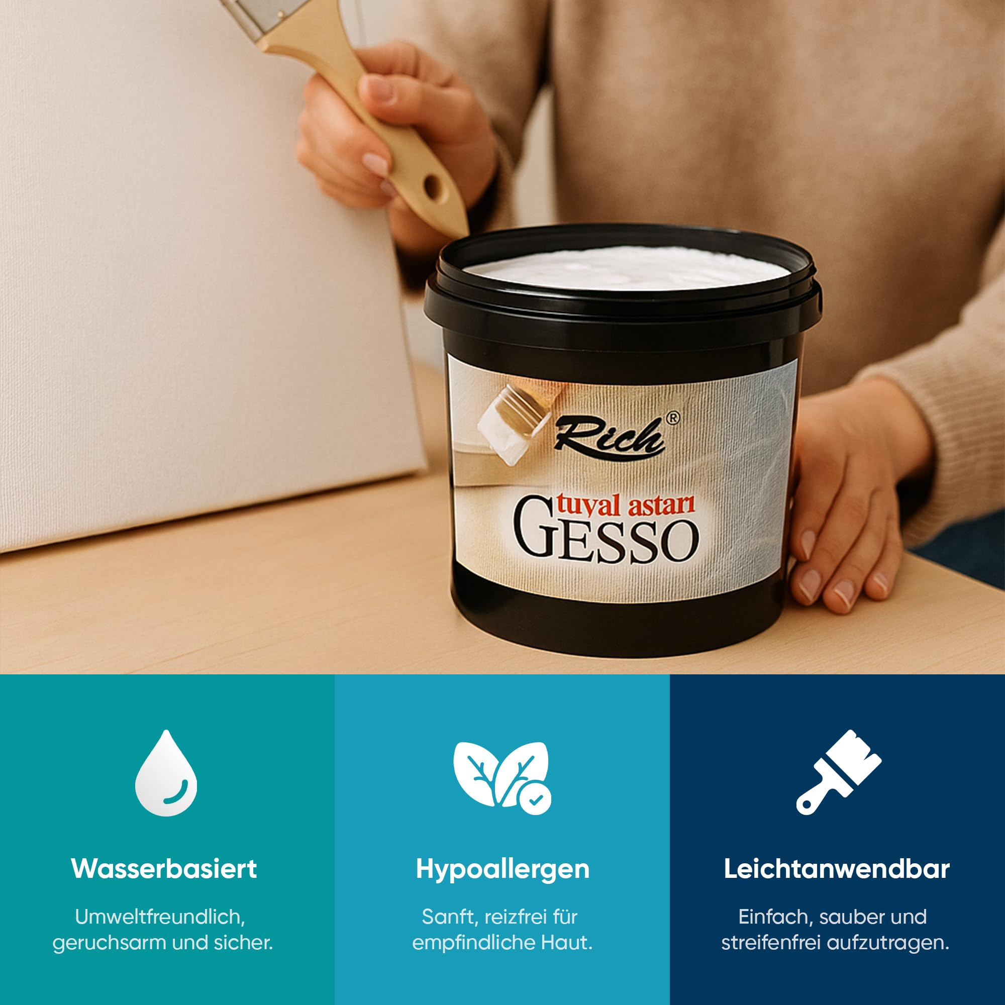 Rich Gesso 1000 gr - Imprimación a base de agua, altamente pigmentada para pinturas al óleo y acrílicas, aplicación versátil en madera, tela y papel
