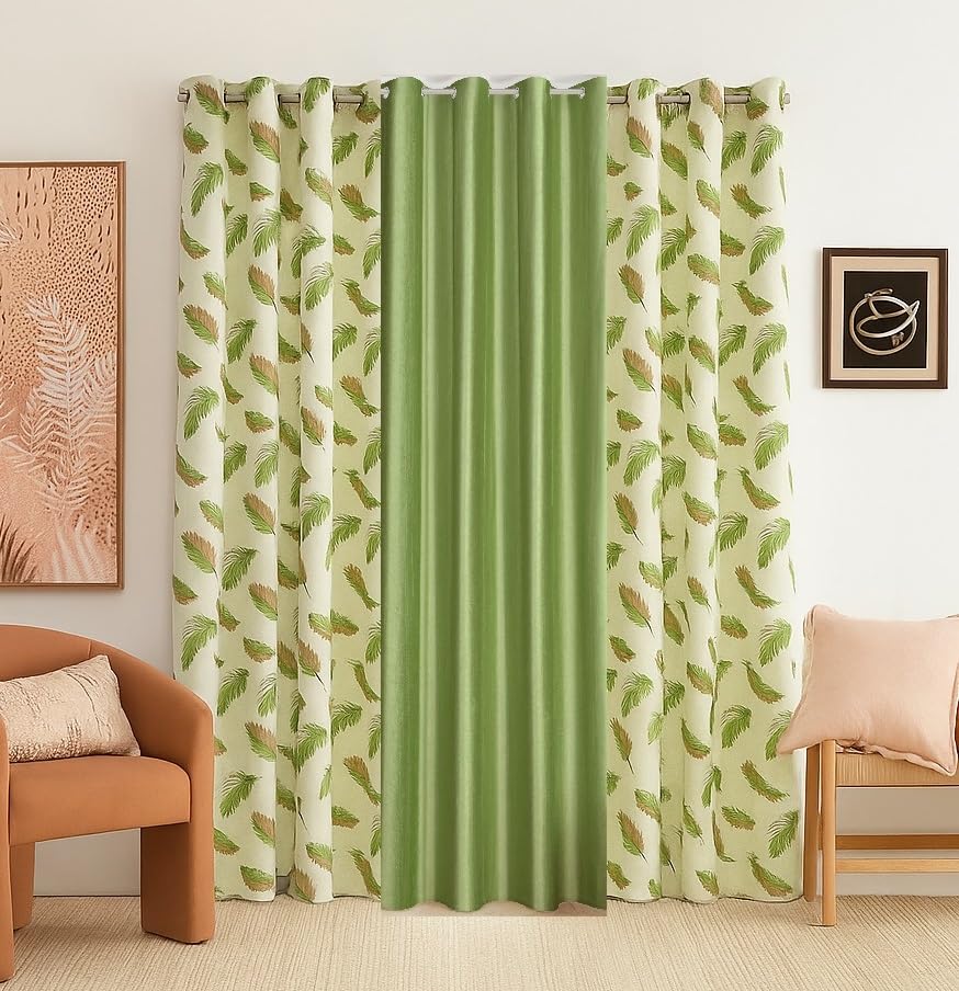 Image of DEVSANG Polyester (2 Print and 1 Solid) Grommet Curtains for Door 7 Feet Long Set of 3, Pista | Light-Filtering