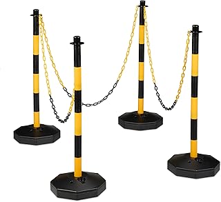 Relaxdays Absperrpfosten mit Kette 4er Set, Kettenpfosten mobil, HxD: 85 x 29 cm, Kettenständer Absperrung, gelb/schwarz