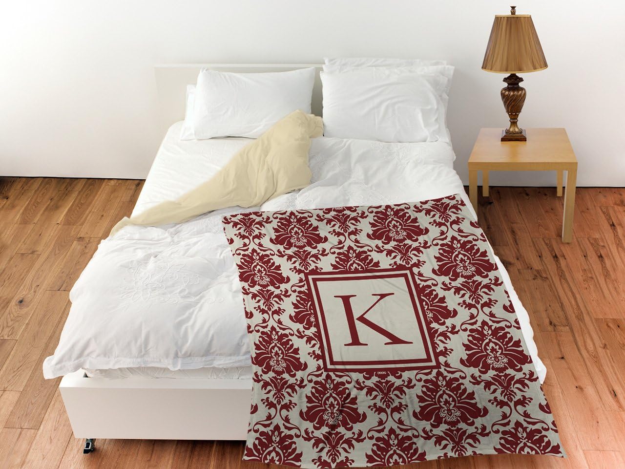 Manual Woodworkers & Weavers Coral Fleece Throw, 30 by 40-Inch, Monogrammed Letter K, Crimson Damask