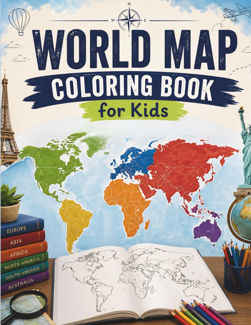 World Map coloring Book for Kids: Blank and outlined map of the world Continents, with borders and countries' names, blank and outlined map of 35 ... names, flags, population, and language.
