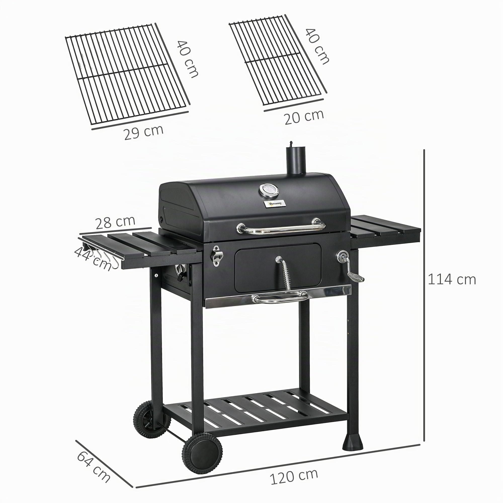 Outsunny Holzkohlegrill mit Klappbarer Seitenablage 120x64x114cm Schwarz | Campinggrill mit Zwei Grillrost, Grillwagen mit Regal, Griff für BBQ, Edelstahl