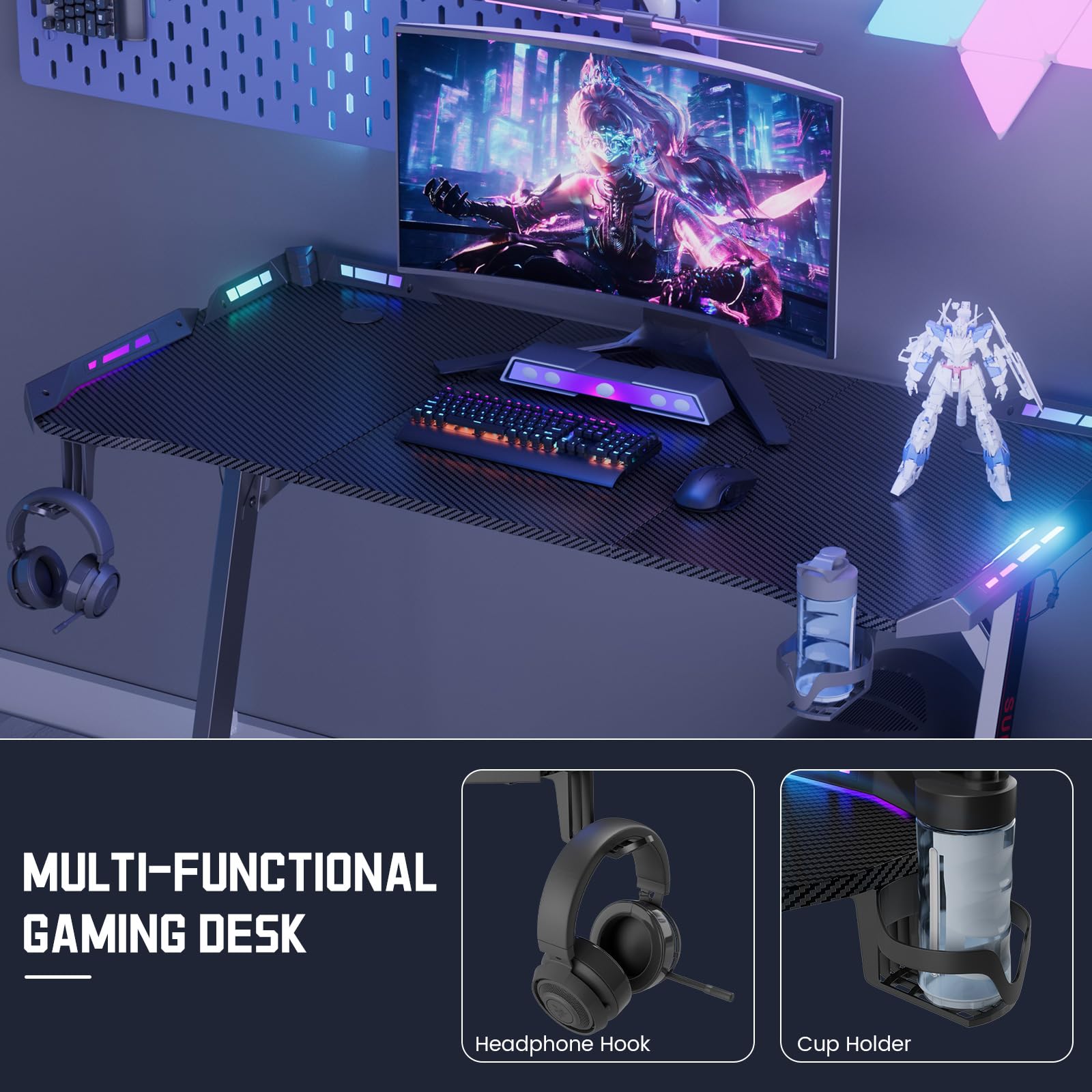 Huracan Gaming Tisch 160cm mit LED RGB Beleuchtung, XXL Gaming Schreibtisch mit Kohlefaser Oberfläche, 10-stufig dimmbar, Stabiler Z-Form PC Tisch Computertisch mit Kopfhörerhaken & Getränkehalter
