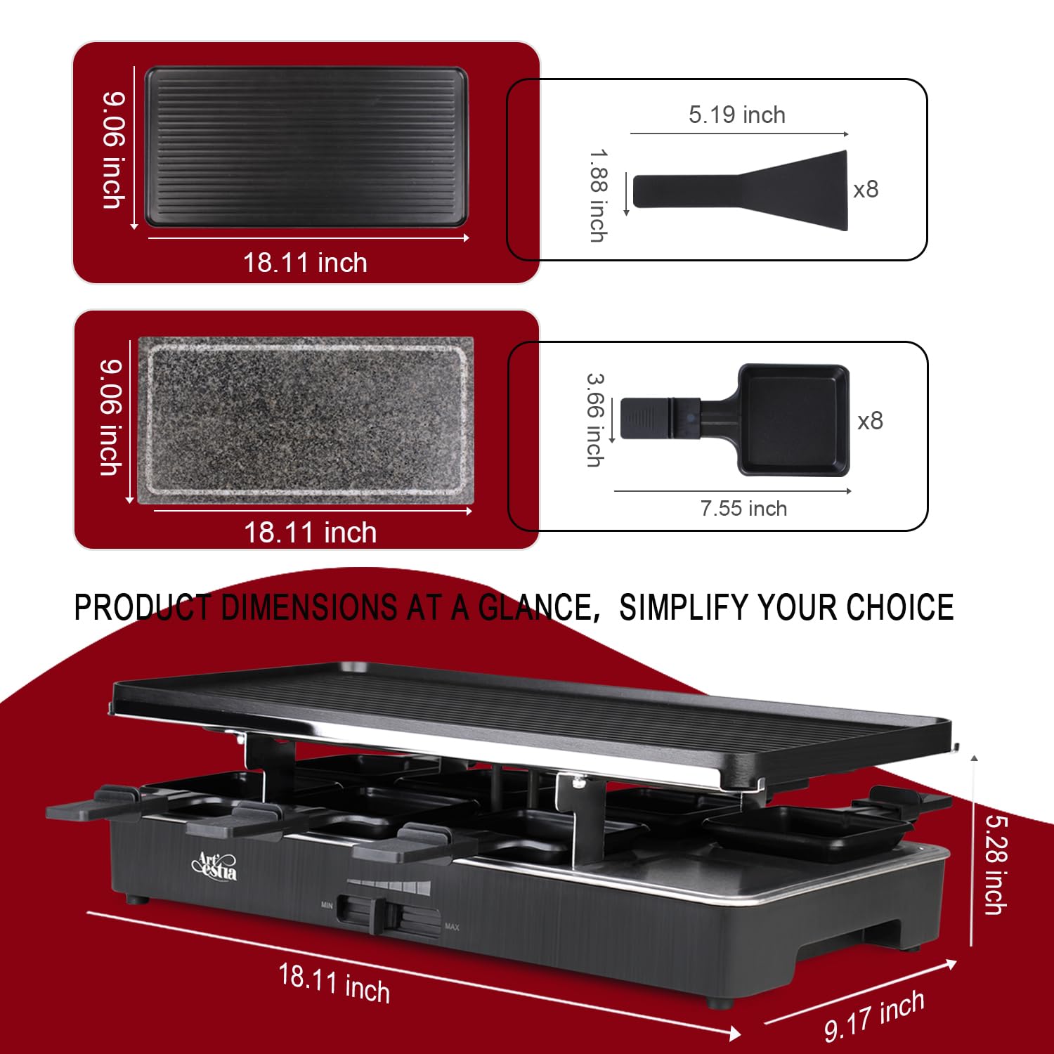 Parrilla Raclette de temperatura ajustable 2 en 1 de 1700 W con piedra de granito y placas de aluminio fundido antiadherentes, incluye 8 mini sartenes y espátulas, cable de alimentación 7