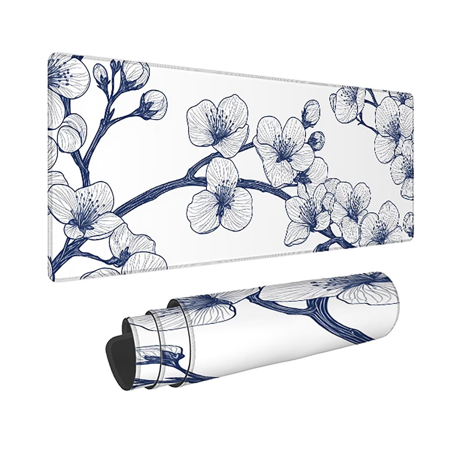 Podkładka pod mysz do gier XXL z białym kwiatem, podkładka pod mysz XXL - 1400 x 600 x 3 mm, podkładka pod mysz matowa, bardzo duża z tkaniny, antypoślizgowa podstawa, dla graczy, osobista -43011