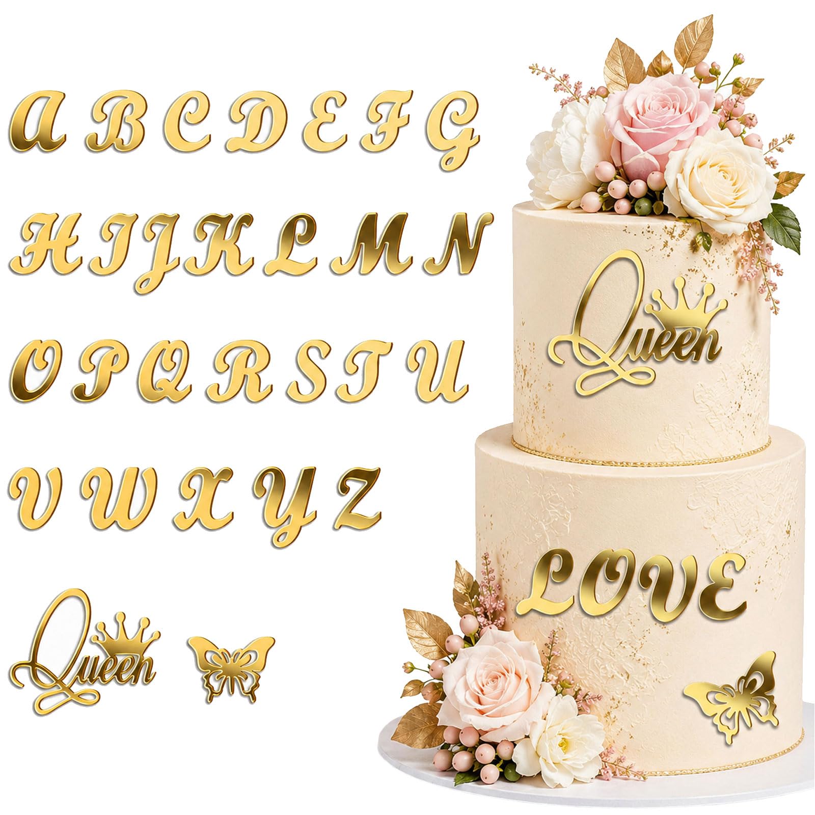 Floruvia 28 Pcs Gold Acrylic Cake Topper Letters Set, A-Z Alphabet Cake Topper with Queen's Crown, For Birthday Baby Shower Singles Party