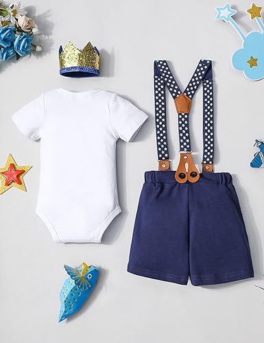 Miniatura 5 de DONWEN Traje de primer cumpleaños para bebé niño Mr Onederful con corbatín + pantalones cortos con tirantes + sombrero de fiesta