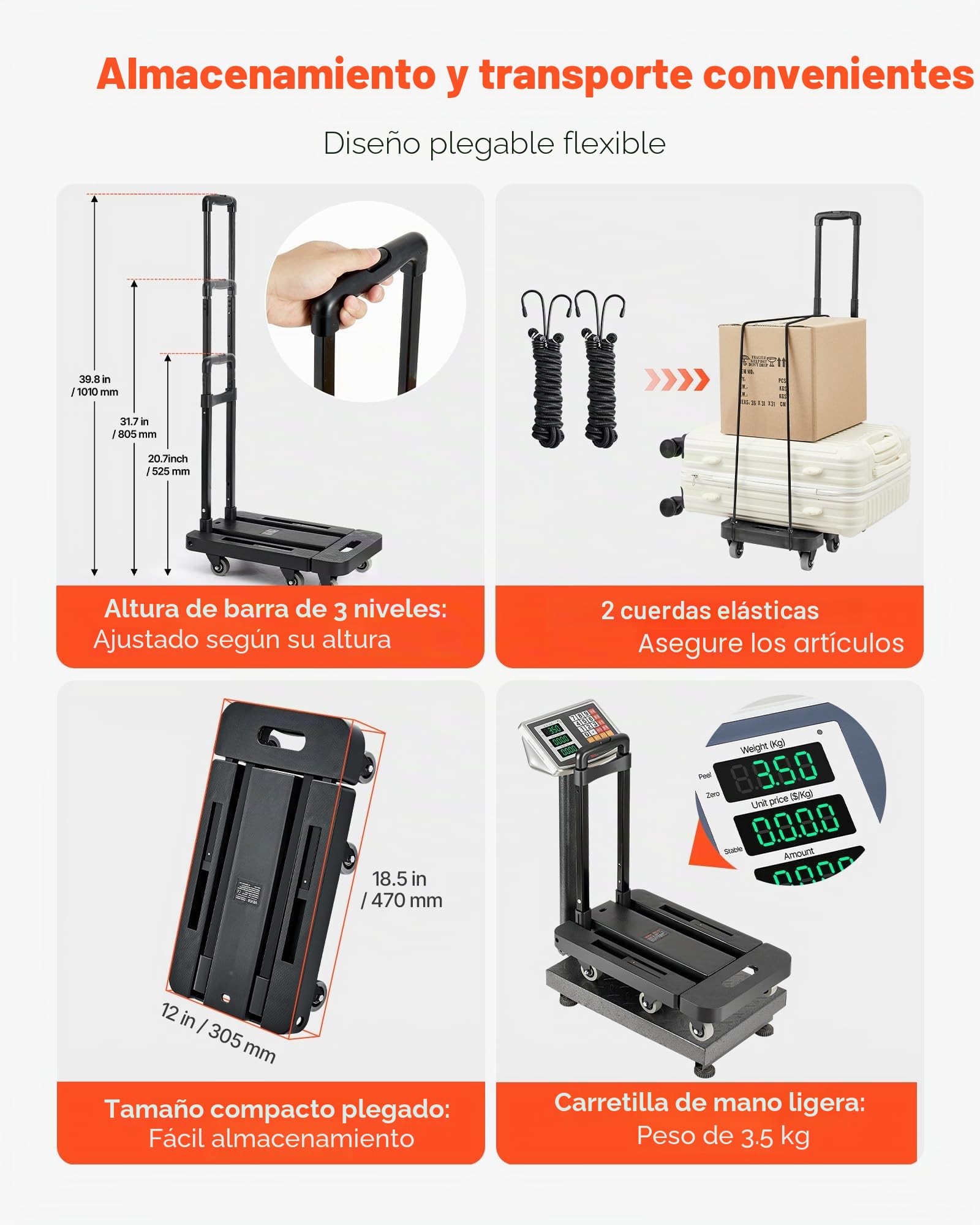 VEVOR Carretilla de Mano Plegable, Carrito de Equipaje Plegable con 6 Ruedas, 2 Cuerdas Elásticas y Base Expandible Carga de 226,8 kg para Equipaje de Viaje, Aeropuerto, Oficina, Mudanza, Negro