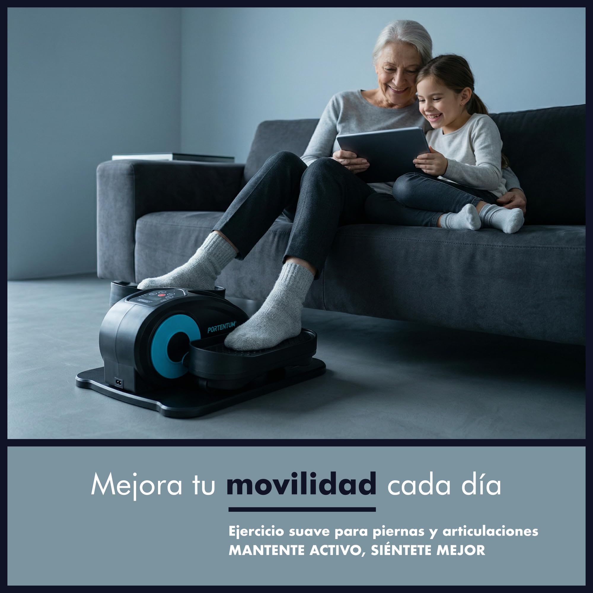 PORTENTUM Mini eliptica electrica con mando a distancia y pantalla – Pedales estaticos personas mayores automático y manual con selector velocidad – Pedaleador electrico de escritorio motor silencioso