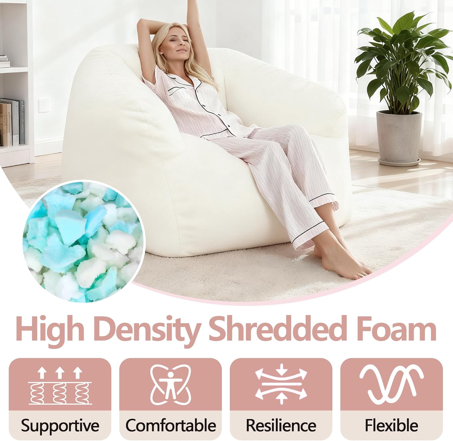 4ft Giant Bean Bag Chair with Filler Included - Premium Faux Fur Beanbag with Armrests, Comfy Floor Sofa for Adults Teens, Living Room Dorm, Ivory White