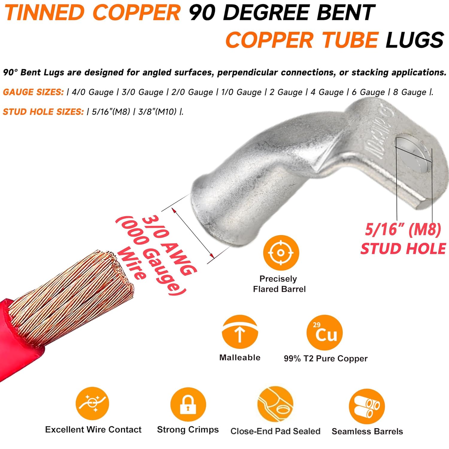 Tinned Copper Cable Lugs 8pcs 3/0 AWG-5/16 90 Degree Bent Battery Lugs,Heavy Duty Wire Lugs,Ring Terminal,000 Guage terminals,Battery Cable Ends/Terminal Connectors with 8pcs 3:1 Heat Shrink Tubing
