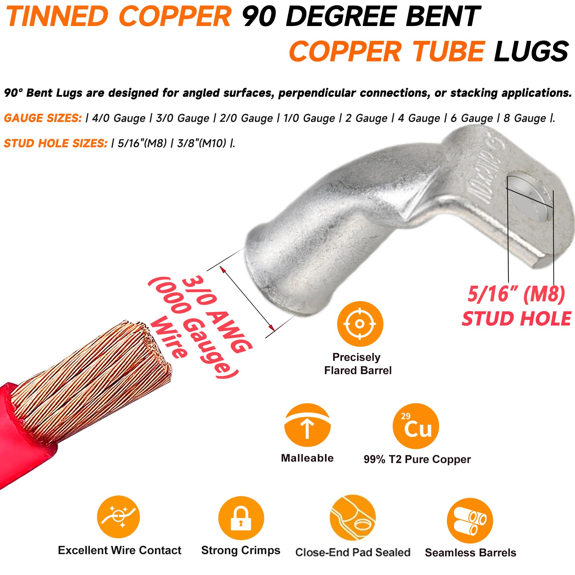 8 terminales de cable de cobre estañado 3/0 AWG-5/16, 90 grados, terminales de cable resistentes, terminales de anillo, terminales de calibre 000, extremos de cable de batería/conectores de terminal