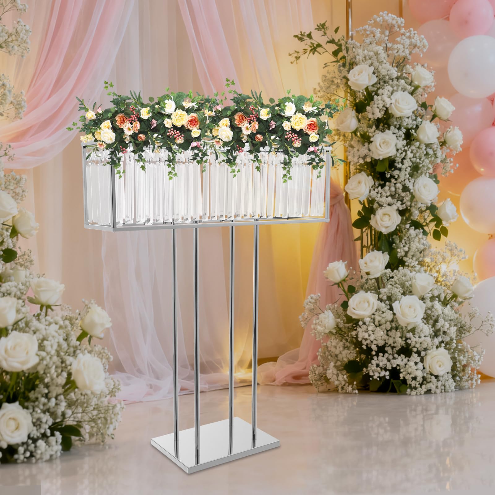 Support à fleurs 70 cm - Fer et cristal - Pour anniversaire, fête et hall d'hôtel | Décoration de mariage - Charge maximale de 5 kg - Argent - Centre de table élégant ou marque-page autoportant