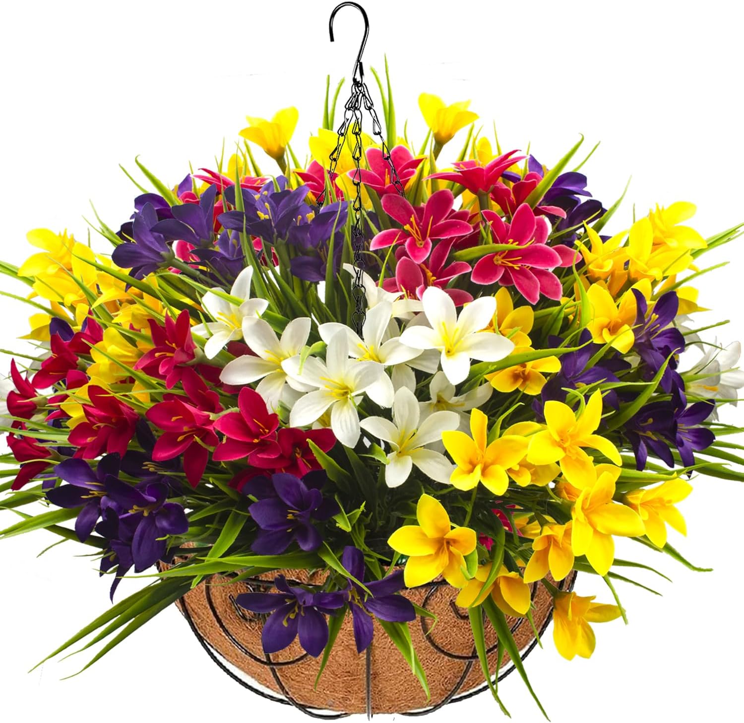 Artificial Outdoor Flowers, 12 Bundle Mixed Colors with Hanging Basket, UV Resistant Decorative Flowers for Porch, Patio, Yard