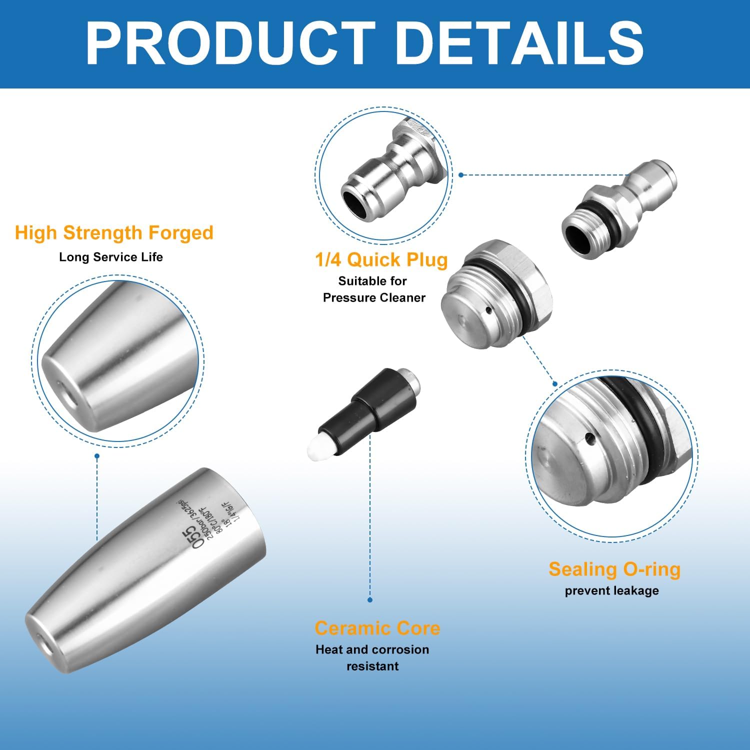 1 Pcs Pressure Washer Sewer Jetter Nozzle 3625 PSI（Big Size），360° Rotating，4.0 GPM 4.0 Orifice，with 1/4" Quick Connecter