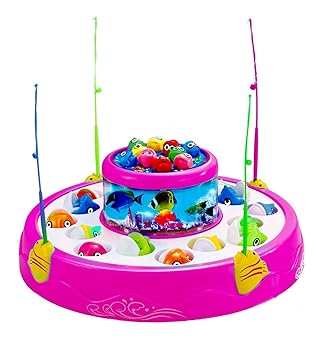 SMART TOY Fishing Fish-Catching Game with 26 Piece Fishes, 2 Rotary Ponds and 4 Pods with Music and Light Function (Pink)