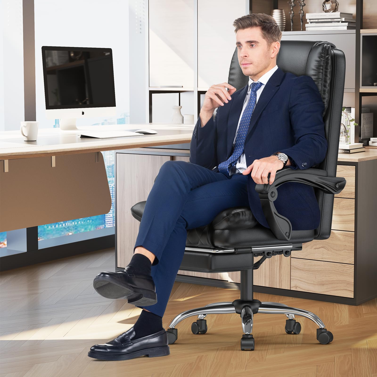 naspaluro Sedia da Ufficio Ergonomica con Poggiapiedi, Sedia Ufficio con Schienale Alto in Pelle PU di Alta Qualità, Schienale Inclinabile, Sedile Imbottito, Altezza Regolabile, Nero