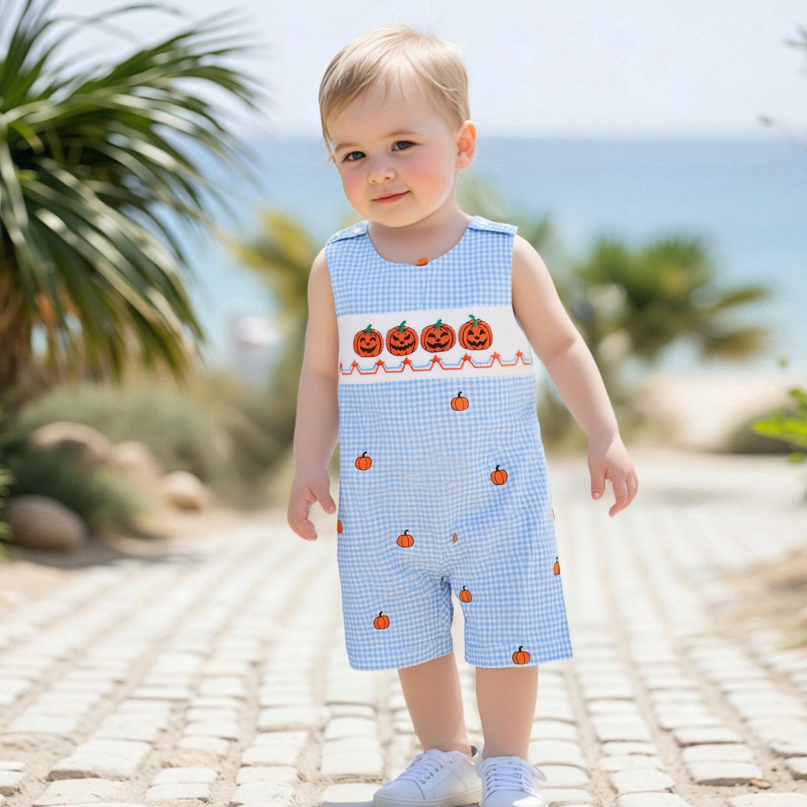 Muasaaluxi Newborn Baby Boy Halloween Outfit Sleeveless Pumpkin Embroidery Romper Plaid Bodysuit One Piece Jumpsuit 0-18M (Blue, 0-3 Months)