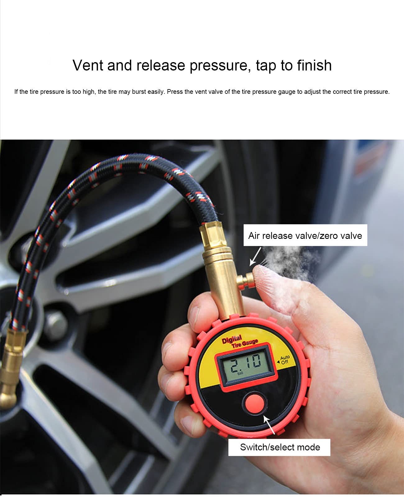 AGAATI Manometro per Pneumatici, manometro Digitale per Pneumatici per Auto per Camion, Auto, Moto, Bicicletta con Tubo e Display LCD retroilluminato