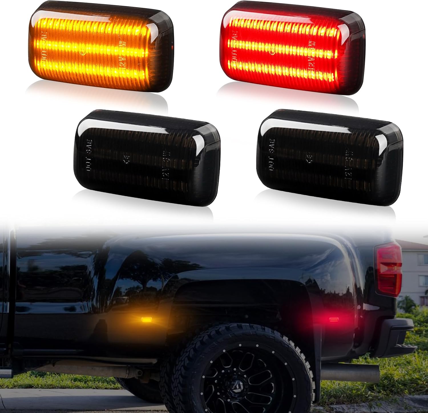 4PCS LED Side Marker Lights Compatible with 2015-2023 Chevy Silverado Sierra 2500HD 3500HD, Amber & Red Dual Rear Wheel Bed Marker Lamps, Smoked Lens Three Beam