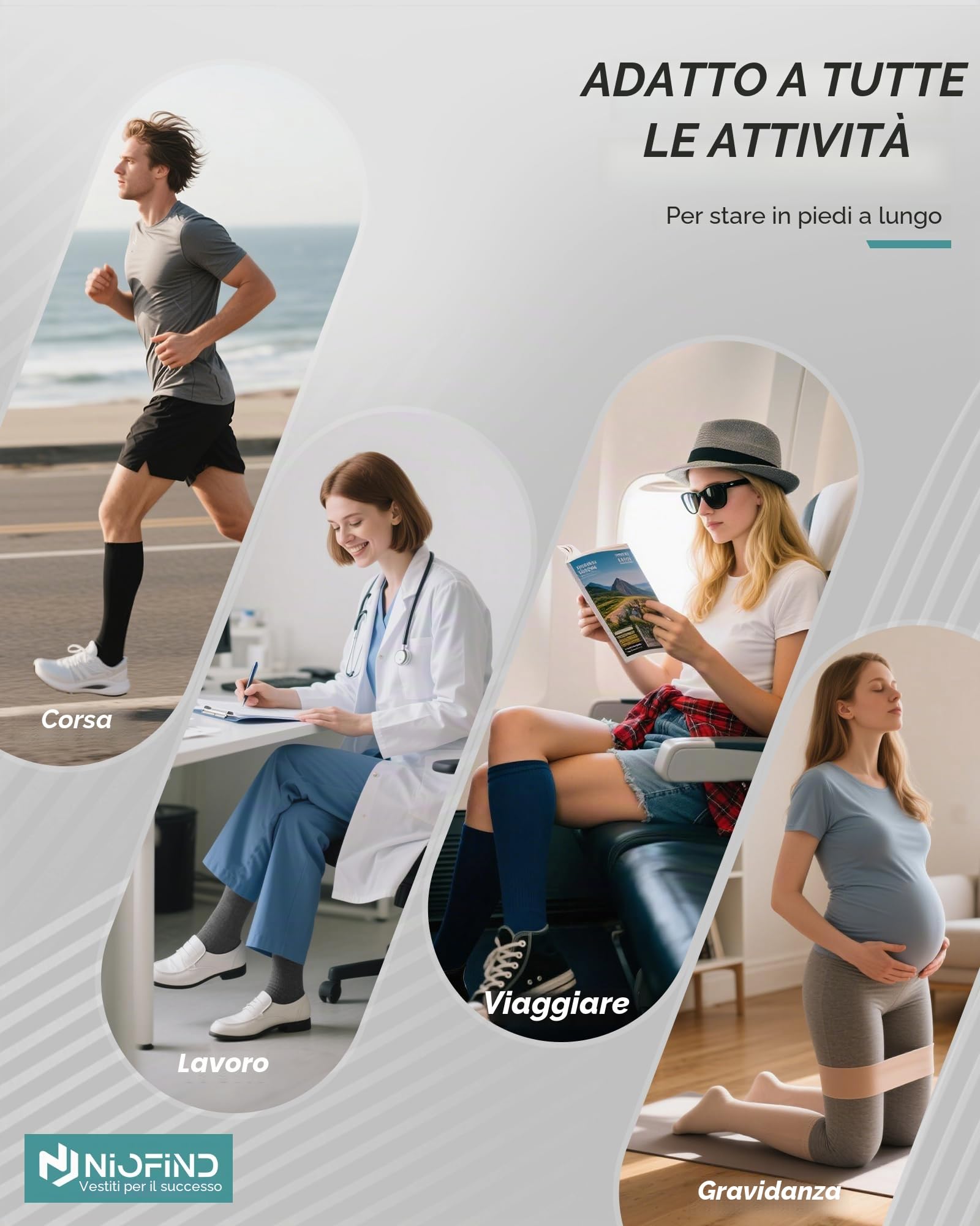 Niofind Calze a Compressione Graduata Donna e Uomo – 2 Paia di Calze al Ginocchio e Calze Elastiche – In Cotone 65% – Ideali per Sport, Lavoro, Viaggio e Gravidanza