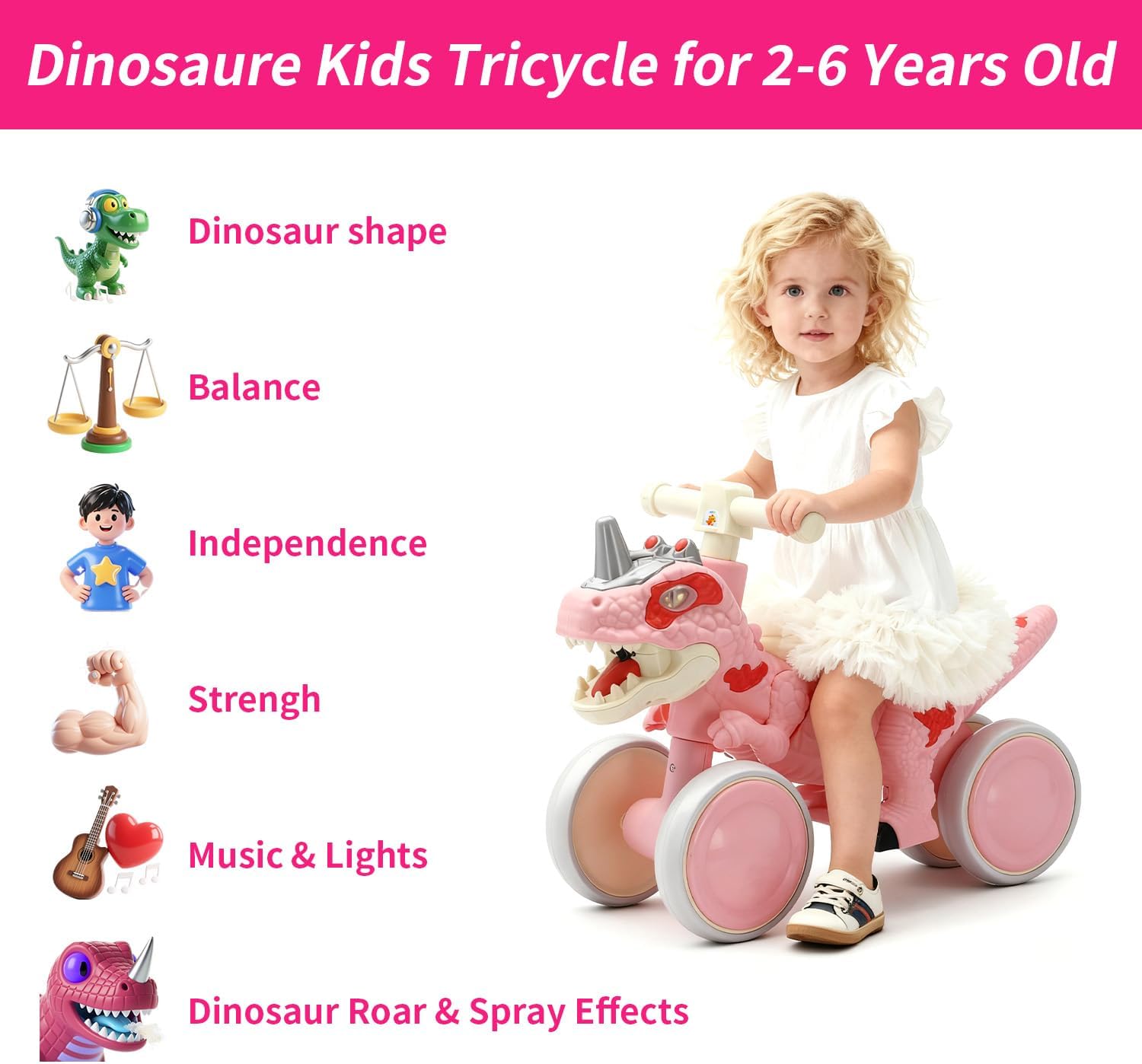 Color green Dinosaur Balance Bike for 1-3 Year Olds, Toddler 4-Wheel No-Pedal Walker Scooter with Music & Mist Spray Effects, ASTM Certified First Birthday Gift for Boys & Girls