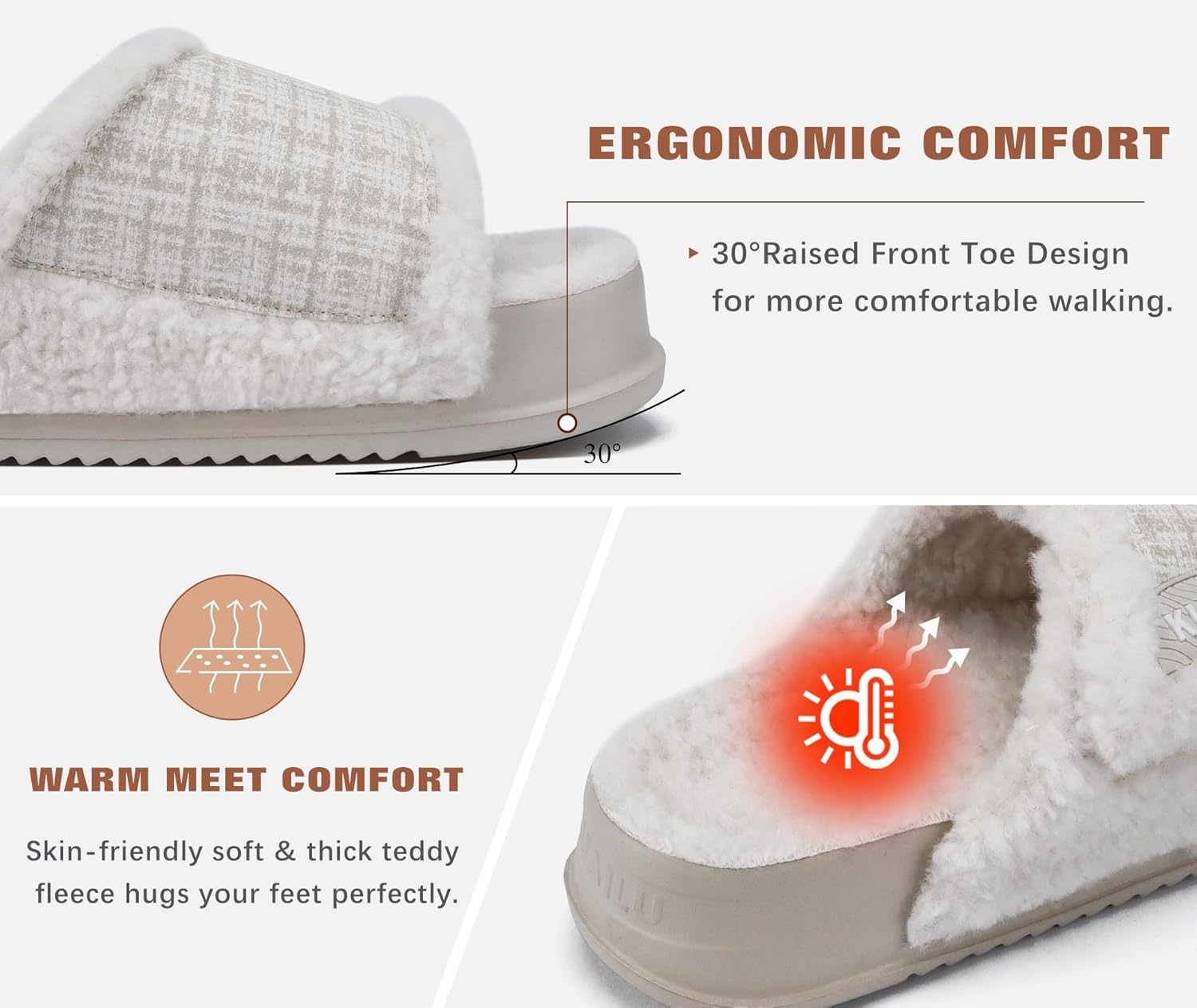 KuaiLu Cushion Slippers For Women with Orthotic Arch Support Wide Adjustable Open Toe Flatform Furry Fur Sandals Warm Teddy Fleece Recovery Slides Slip On House Shoes Indoor Outdoor, White US10