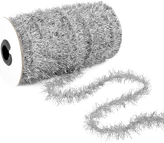Silver Tinsel Christmas Tree Garland - 50 Yards Halloween Glitter Ribbon for Xmas, Birthday, Sparkly Decorations