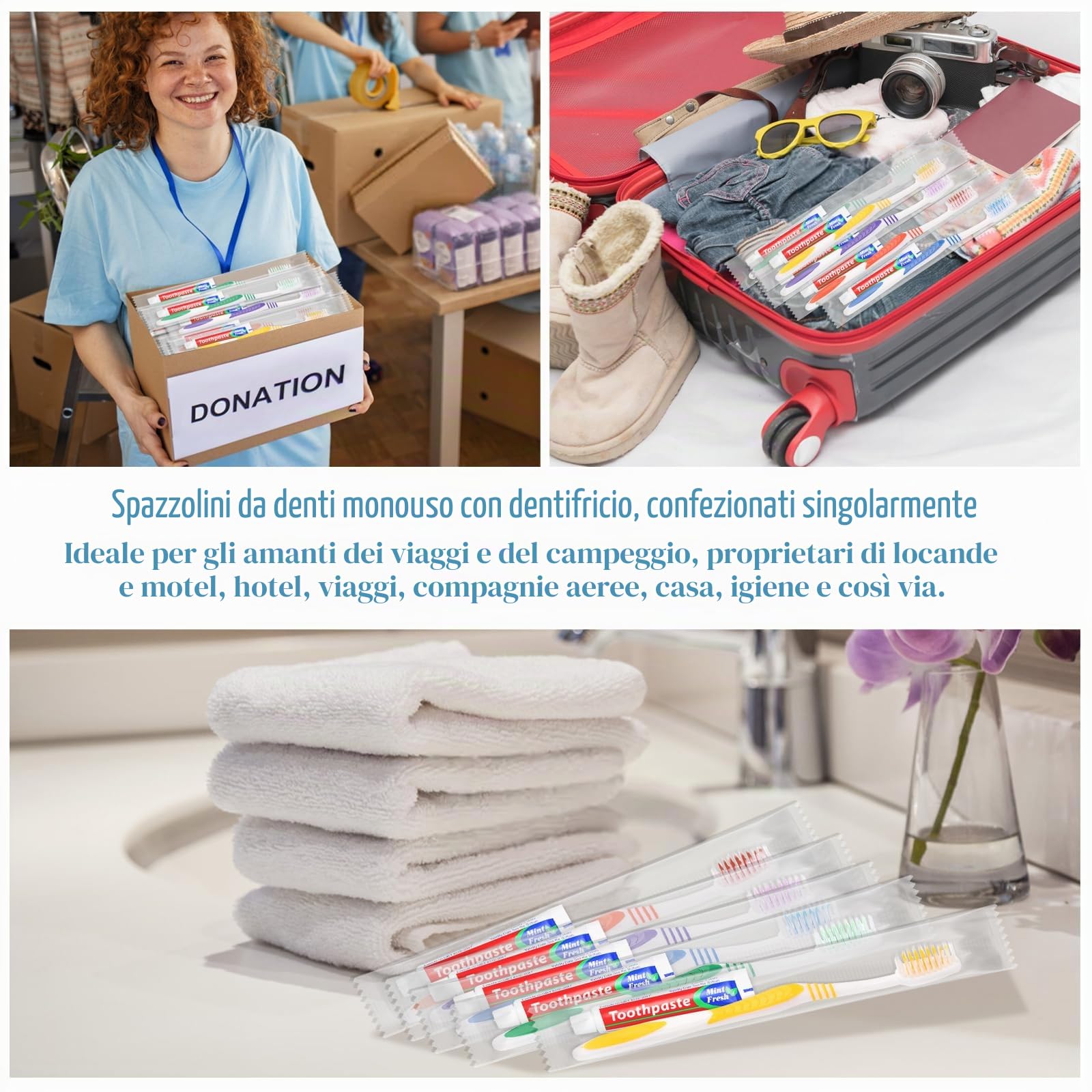 Spazzolini da denti usa e getta, 100 set di spazzolini da denti usa e getta con dentifricio da 10 g confezionato singolarmente per senzatetto, casa, hotel, beneficenza, viaggi