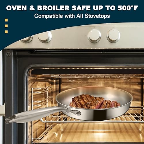 Miniatura 8 de EWFEN - Juego de sartenes de acero inoxidable de tres capas con tapa, sartenes de cocina de 8, 10 y 12 pulgadas, sartén sin PFOA y PTFE, sartén de