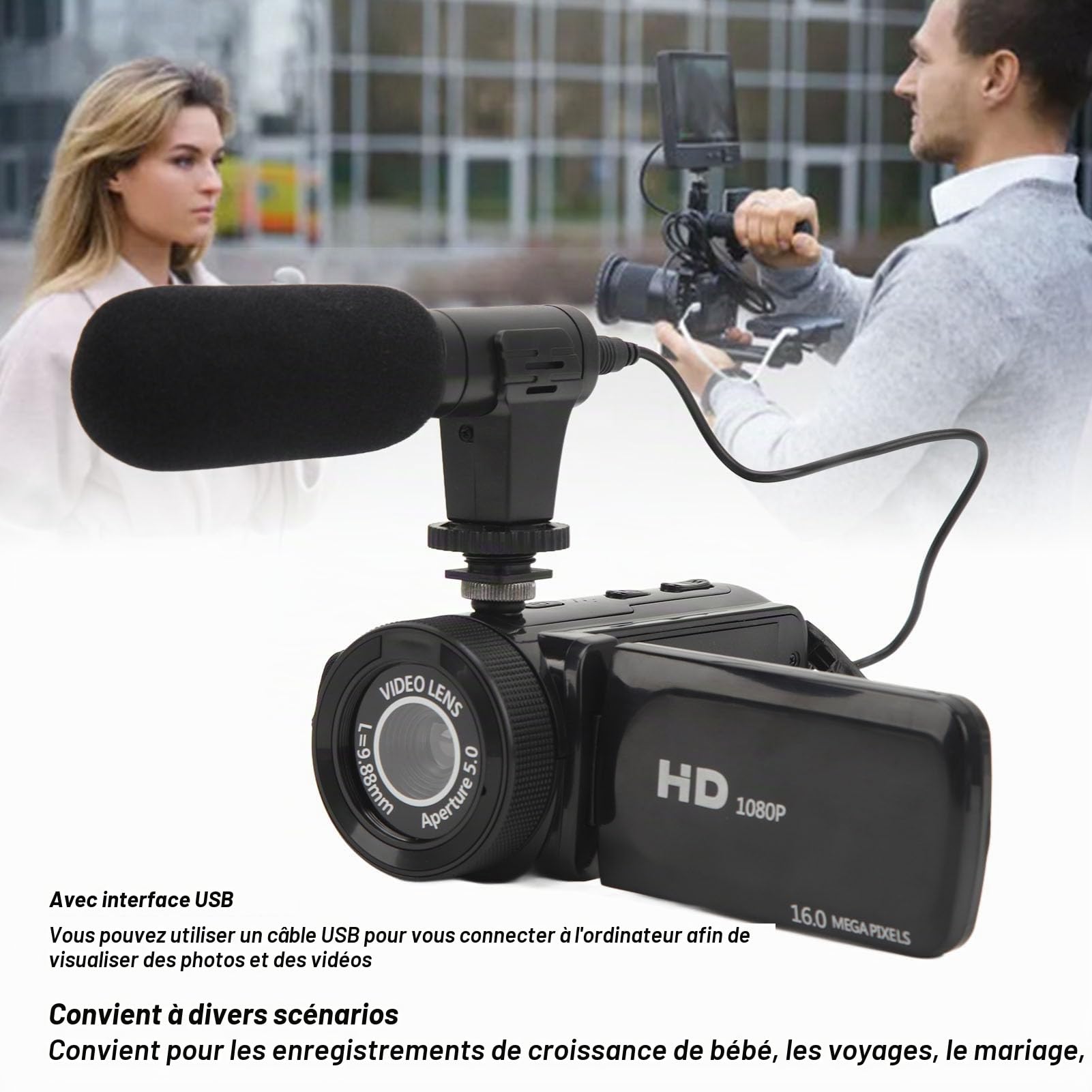 Caméra Vidéo Vlogging Camera Recorder, FHD 1080P 16.0MP 2,4 Pouces Écran de Rotation à 270 Degrés, Caméscope à Zoom Numérique 16X avec Microphone