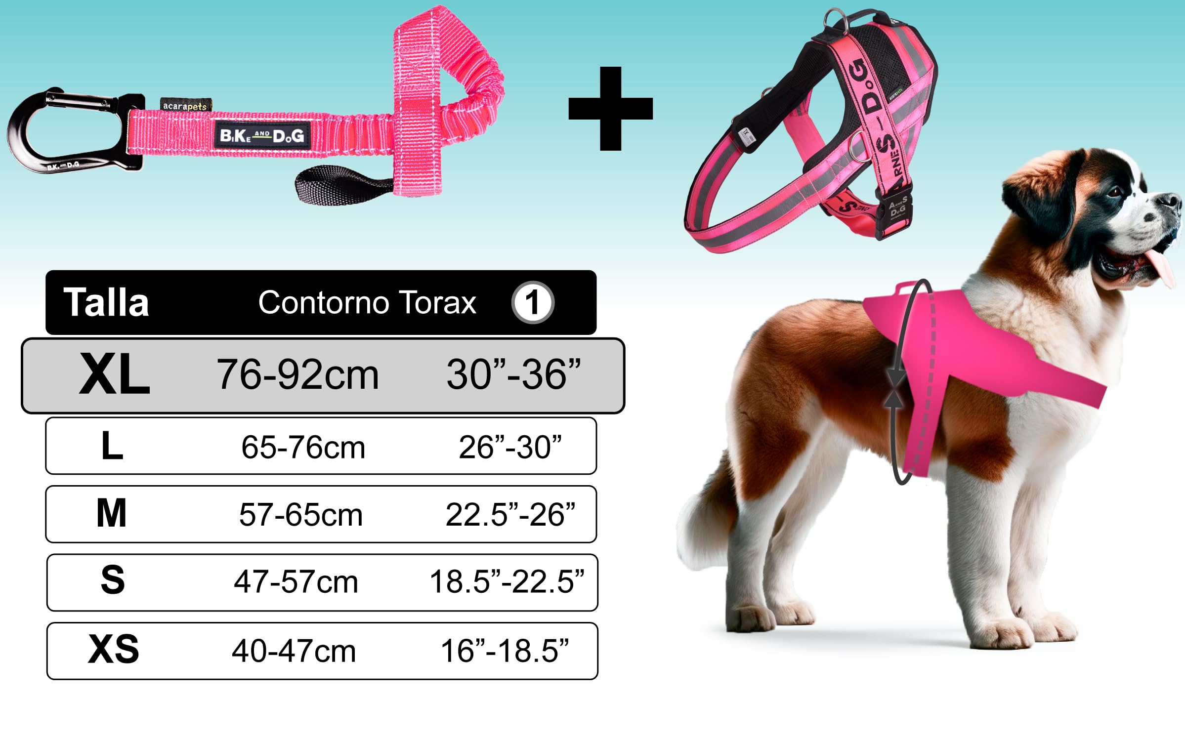 Correa y Arnés de Perro para Bicicleta, arnés con 3 Anillas, 2 Son Laterales, Incluye 2 Bridas Especiales para Bicicleta. Patentado. (XL, Rosa)