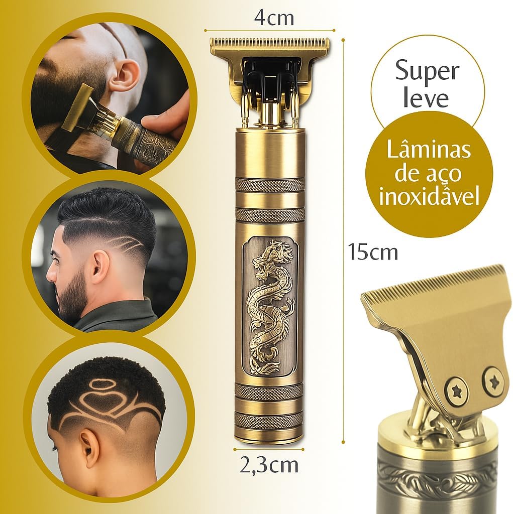 Máquina Acabamento Dragão Profissional Sem Fio Cabelo Barba Pezinho Recarregável USB 4 Pentes Kit Premium Aparador Motor 7000RPM Lâmina T Ajustável Design Vintage Barbeiro Depilador Completo