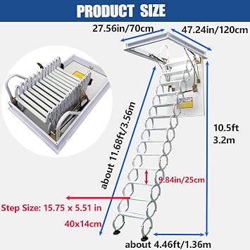 TECHTONGDA Ceiling Attic Loft Ladder, Folding Ladder Loft Stair, 13 Steps Retractable White Pulldown Attic Stairs with 27.5 x 47.2in Open Size and 10.5ft Heigh, Pulling Down from Ceiling