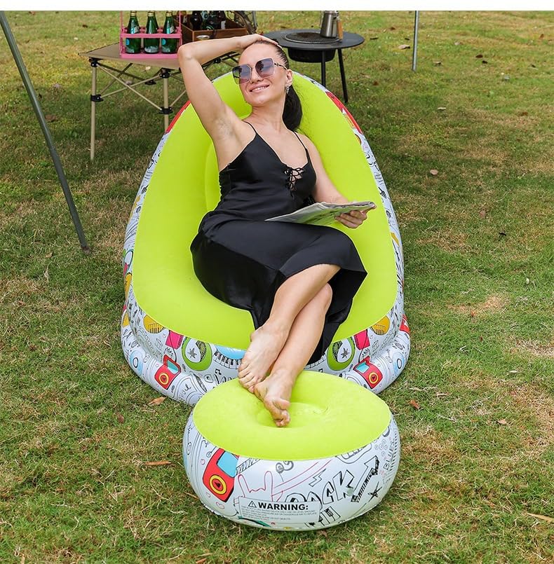Image of Primechoice Pu, Plastic Inflatable Lounge Chair with Footrest 2-in-1 Air Sofa for Adults, Folding Portable Lazy Recliner with Pump for Indoor Living Room, Office, Outdoor Camping (Graffiti Yellow)