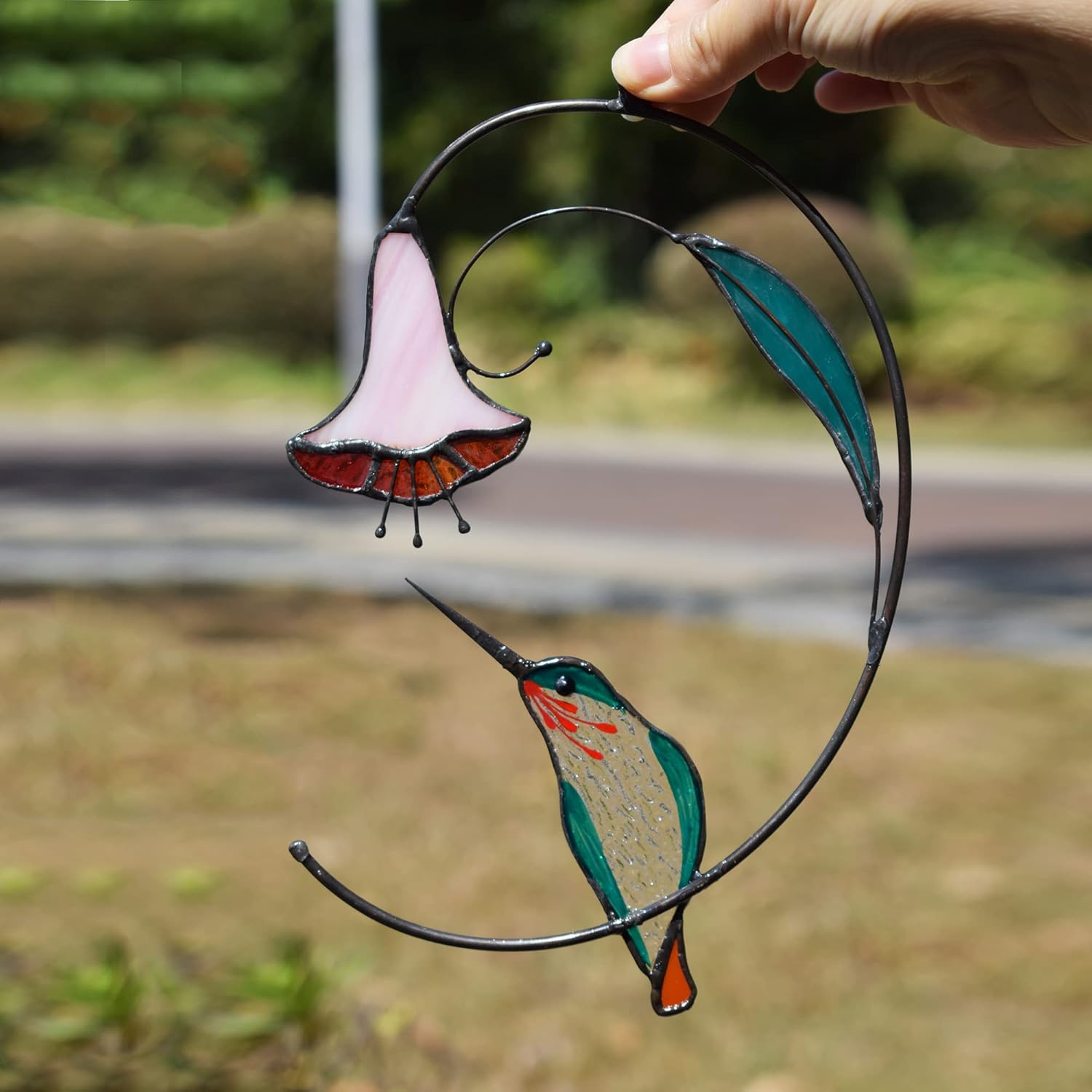 Lolitarcrafts Hummingbird with Flower Stained Glass Suncatcher Bird Stained Glass Window Hangings Hummingbird Gift for Home Decor (Green) - Image 4