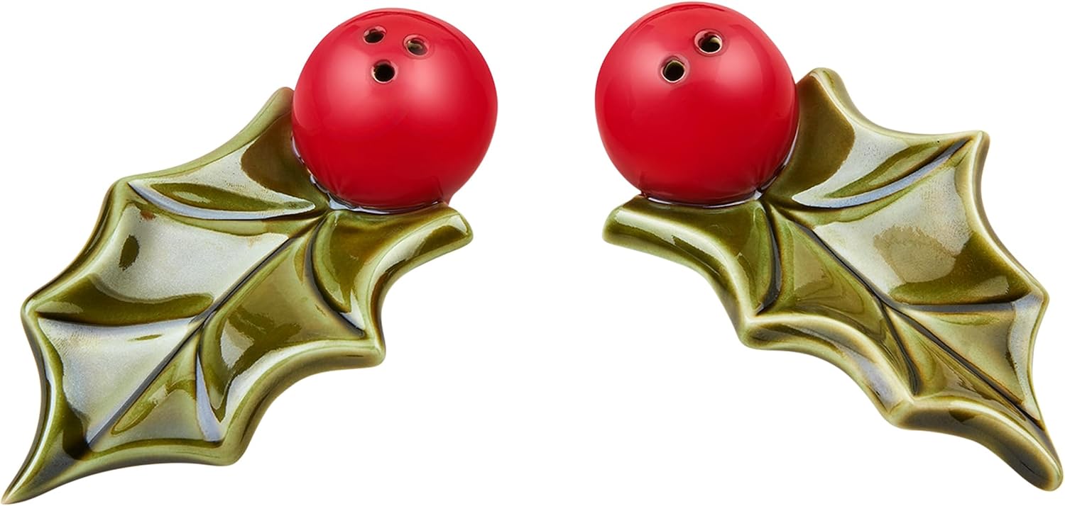 Mud Pie Holly Salt And Pepper Shaker; salt 2" x 4 1/4" | pepper 1 1/2" x 4 1/4"