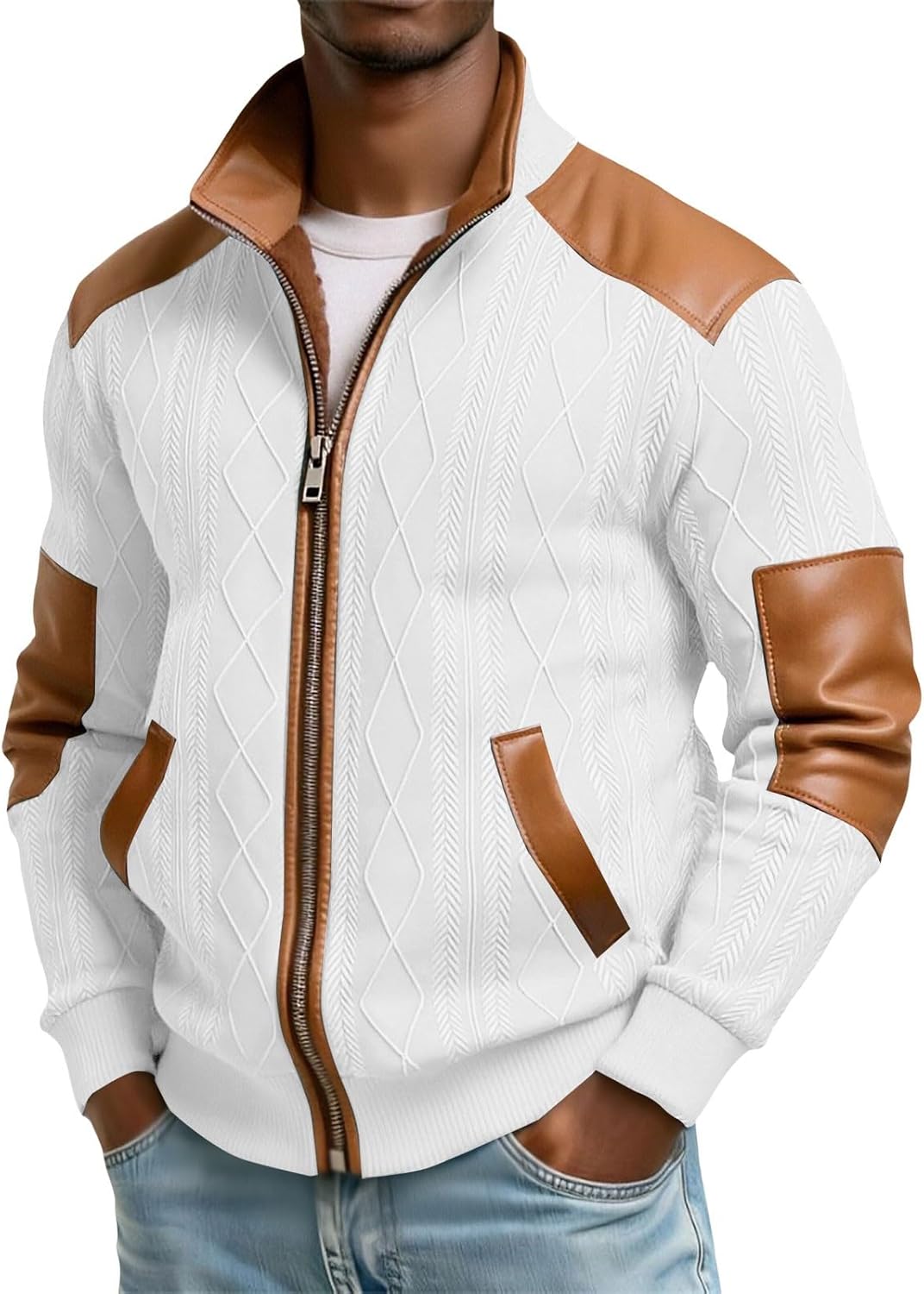 Sherpa Lined Jacket Men Vintage Textured Patchwork Jacket Full Zip Long Sleeve Sweatshirt Western Cowboy Winter Coat