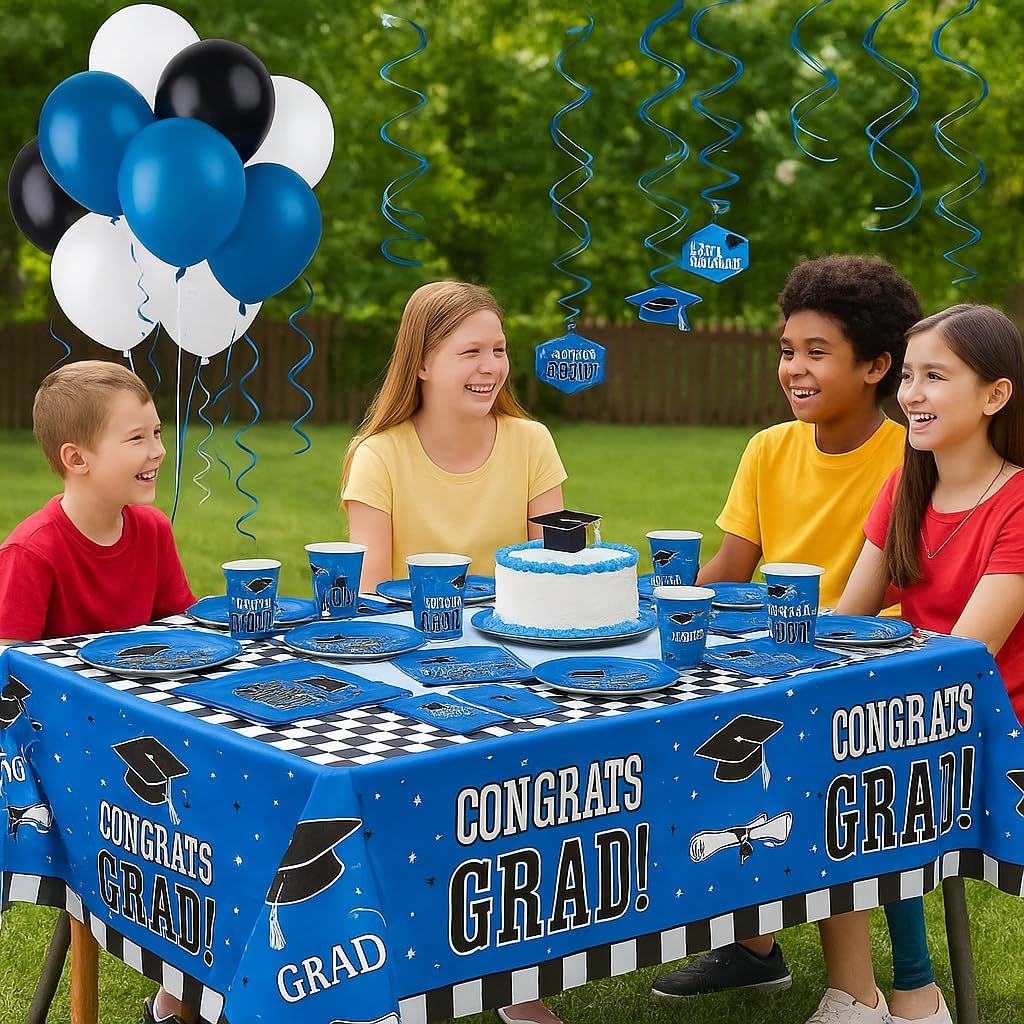 Serves 30 | Complete Party Pack | Congrats Grad Blue Party Supplies | 9 Dinner Paper Plates | 7 Dessert Paper Plates | 9 oz Cups | 3 Ply Napkins Beverage and Lunch Napkins | 2 Table Cover | 20
