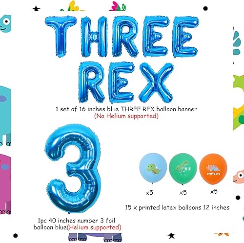 Miniatura 3 de Decoraciones de cumpleaños de dinosaurios 3D para niños, globo de aluminio azul con el número 3, pancarta de globos Rex 3 para fiesta de cumpleaños