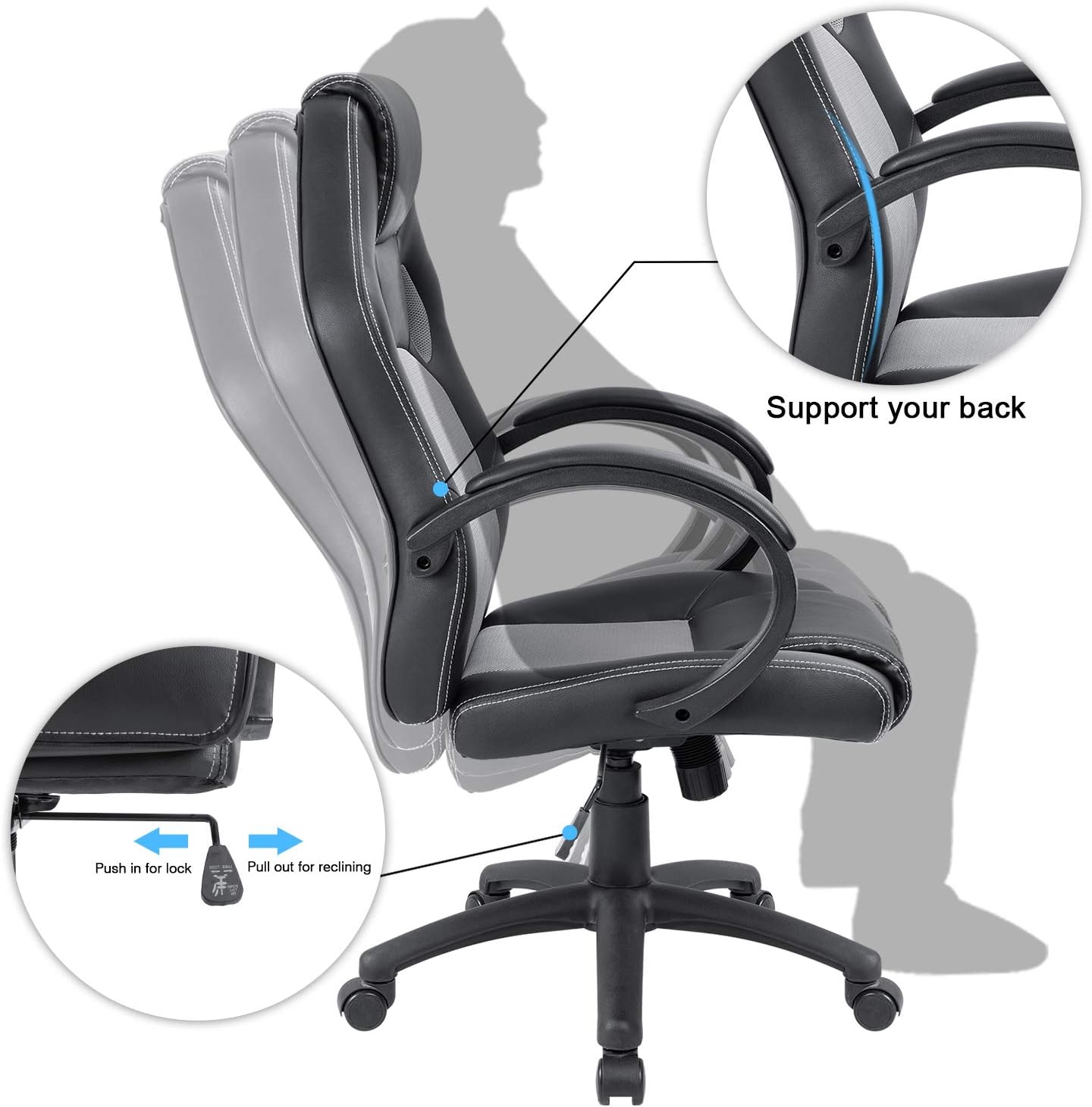 Furmax High Back Office Gaming Chair Computer Desk Chair,Ergonomic Adjustable Racing Chair,Task Swivel Executive Chair with Lumbar Support (Gray)