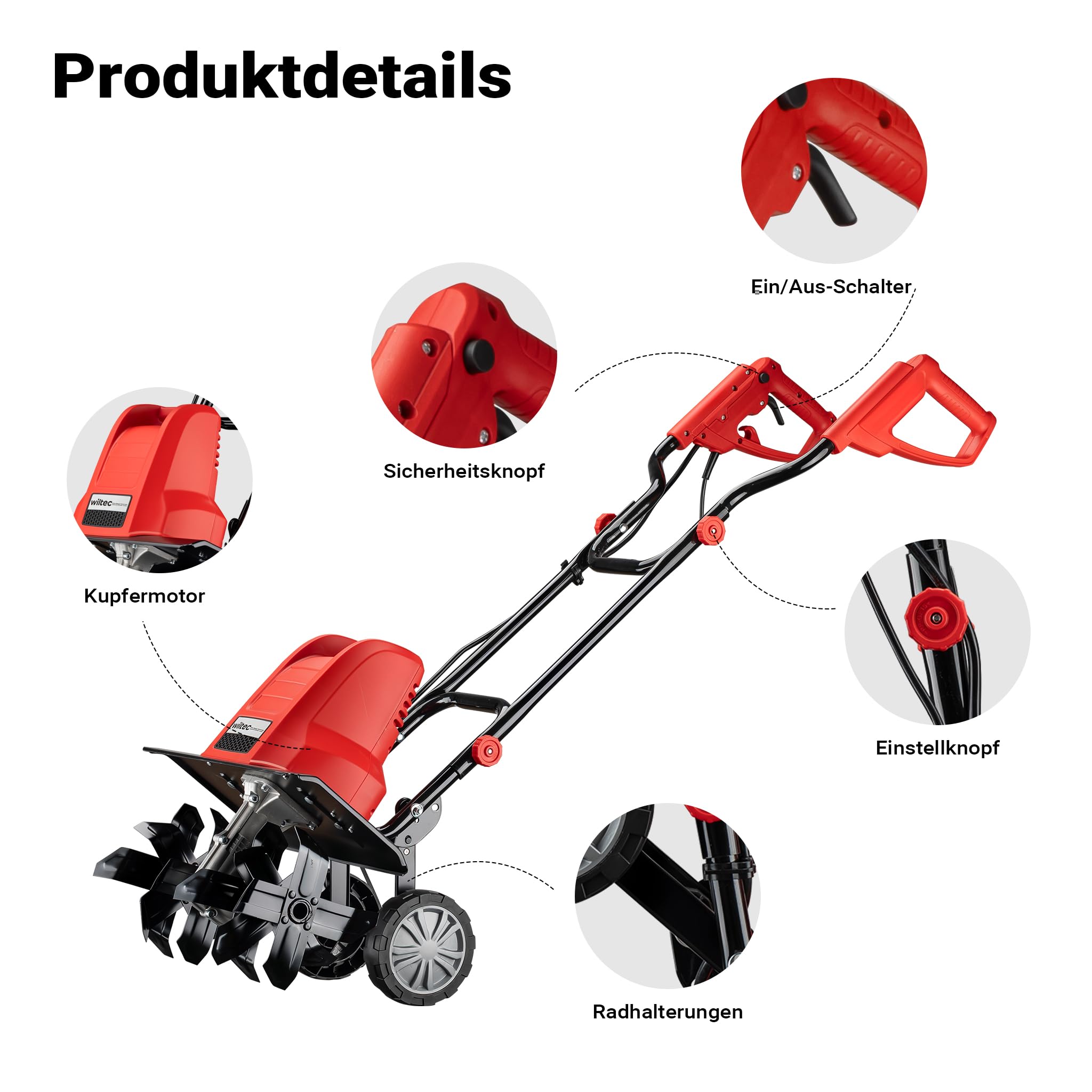 Wiltec Elektro Gartenhacke 1500 W mit 400 U/min, elektrische Gartenfräse mit 220 mm Arbeitstiefe, Motorhacke mit 24 Klingen, Bodenfräse auf Rädern