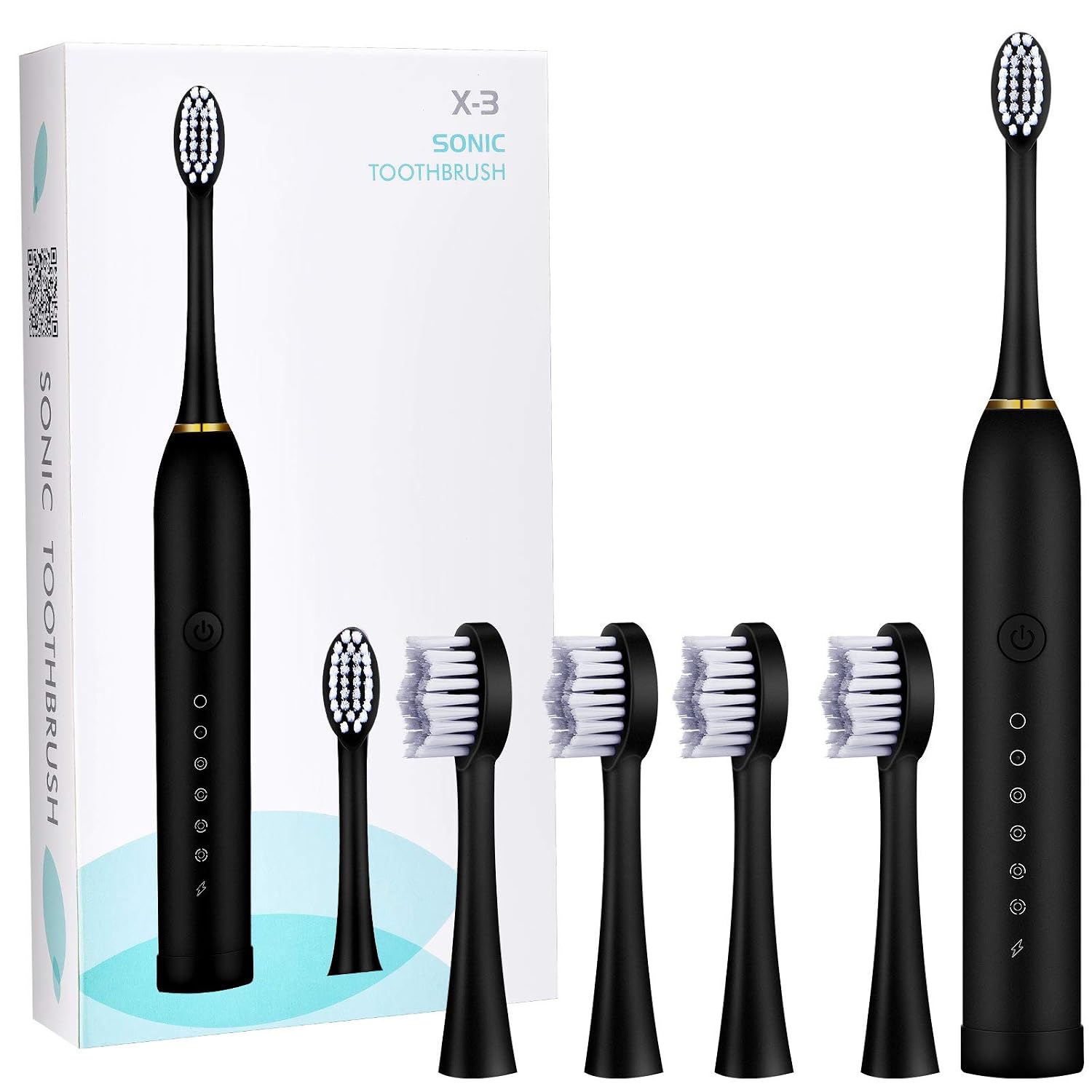 Patelai 6 Modes Electric Toothbrush Rechargeable Electric Toothbrush for Adults and Kids with 2 Minutes Timer and 4 Pieces Replacement Toothbrush Heads for Valentine's Day Gift New Year Gift (Black)