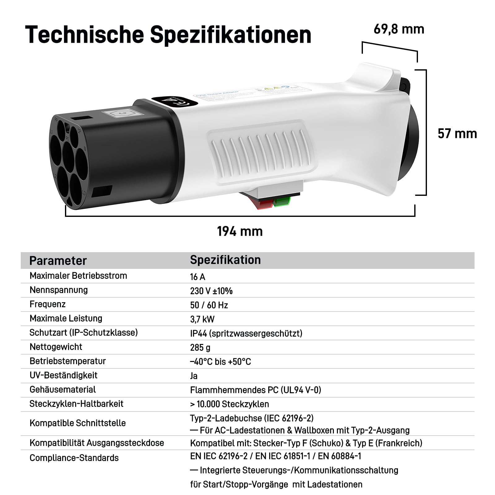 Typ 2 auf Schuko Adapter für Ladestation & Wallbox (230 V, 16 A, 3,68 kW, IP44) | Typ 2 Stecker auf Schuko-Steckdose für E-Bike, E-Scooter, Motorrad & Elektrorollstuhl (Nicht für V2L)